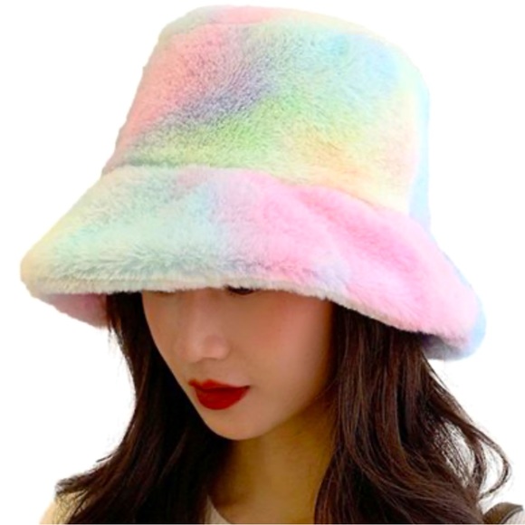 Women Tie Dye Rainbow Fluffy Faux Fur Bucket Hat - Picture 1 of 12